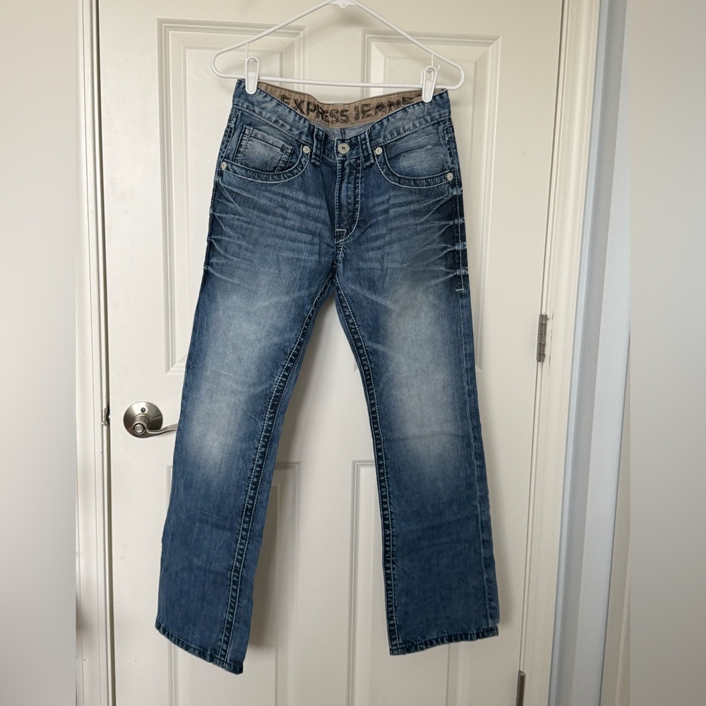 Hemmed Express Men's Faded Blue Bootcut Jeans